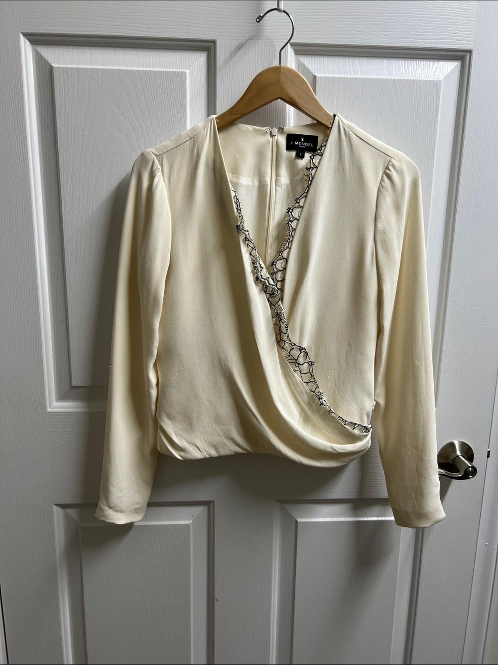 J. Mendel Ivory Wrap Front Blouse Lace Trim silk size 2